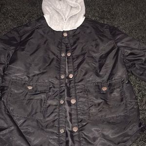 Black jacket grey hood